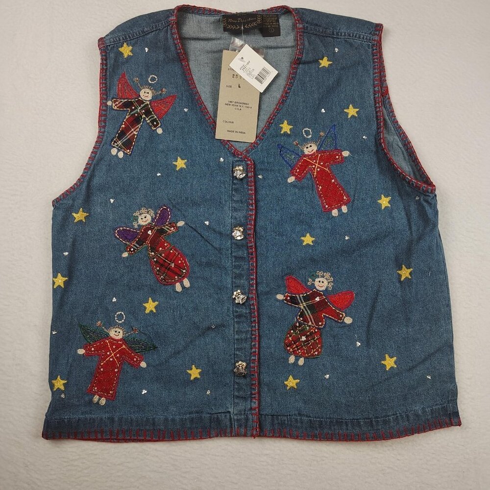 VTG New Direction Denim Vest Womens sz L Christmas Angel Embroidered